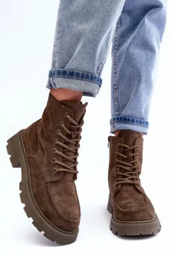 Zamszowe Botki Trapery Ocieplane Na Płaskim Obcasie Ciemnozielone Zikey