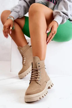 Zamszowe Botki Trapery Wiązane Ciemnobeżowe Hurricane