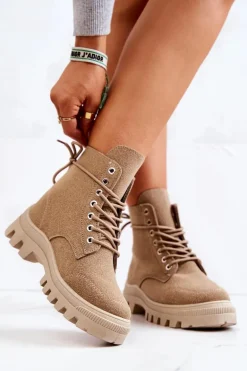 Zamszowe Botki Trapery Wiązane Ciemnobeżowe Hurricane