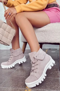 Zamszowe Botki Trapery Wiązane Jasnofioletowe Dalles