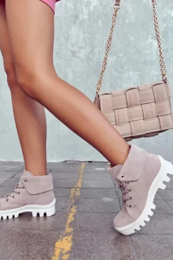 Zamszowe Botki Trapery Wiązane Jasnofioletowe Dalles