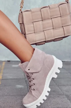 Zamszowe Botki Trapery Wiązane Jasnofioletowe Dalles