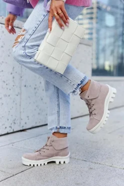 Zamszowe Botki Trapery Wiązane Jasnofioletowe Dalles