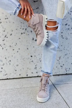 Zamszowe Botki Trapery Wiązane Jasnofioletowe Dalles