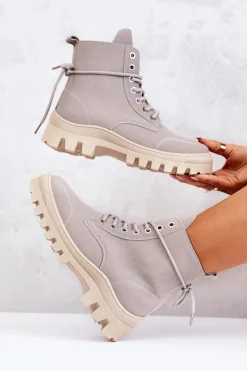 Zamszowe Botki Trapery Wiązane Szare Hurricane