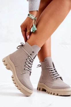 Zamszowe Botki Trapery Wiązane Szare Hurricane