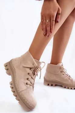 Zamszowe Botki Trapery Wiązane Jasnobeżowe Dalles