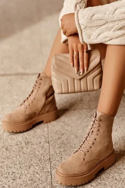 Zamszowe Botki Workery Damskie Beżowe Dearia