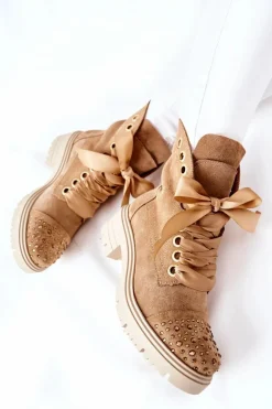 Zamszowe Botki Workery Lewski Shoes Wiązane 3069 Piaskowe