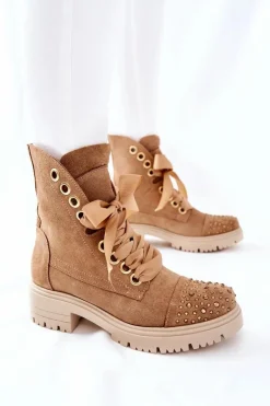 Zamszowe Botki Workery Lewski Shoes Wiązane 3069 Piaskowe