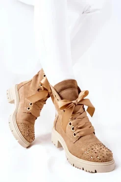 Zamszowe Botki Workery Lewski Shoes Wiązane 3069 Piaskowe