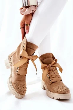 Zamszowe Botki Workery Lewski Shoes Wiązane 3069 Piaskowe