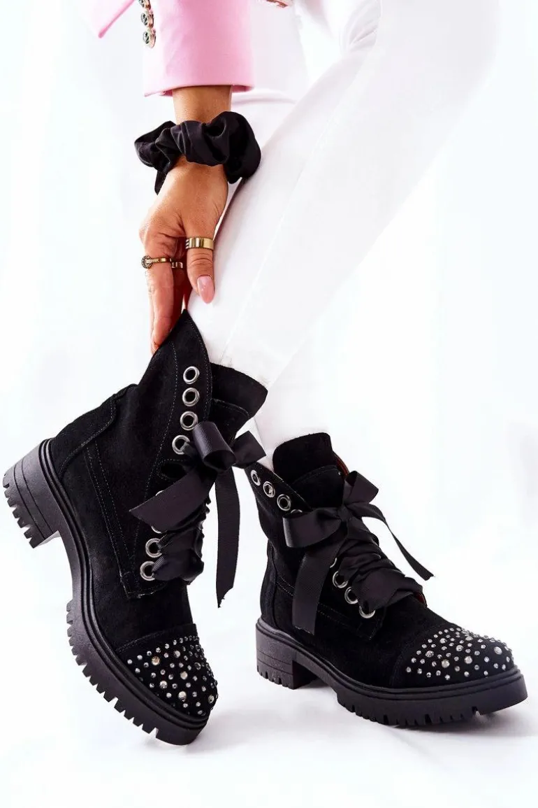 Zamszowe Botki Workery Lewski Shoes Wiązane 3069 Czarne