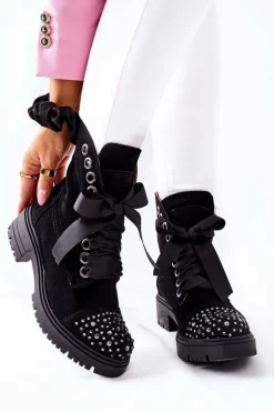 Zamszowe Botki Workery Lewski Shoes Wiązane 3069 Czarne