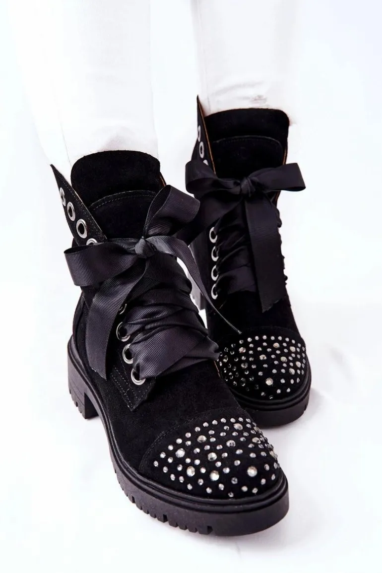 Zamszowe Botki Workery Lewski Shoes Wiązane 3069 Czarne