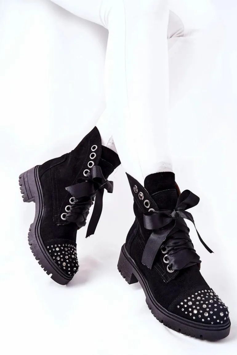 Zamszowe Botki Workery Lewski Shoes Wiązane 3069 Czarne