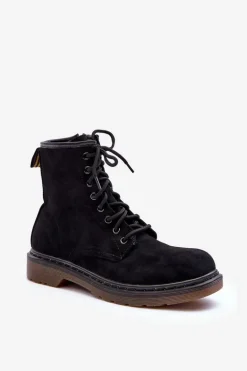 Zamszowe Botki Workery Na Płaskim Obcasie Czarne Asteoris