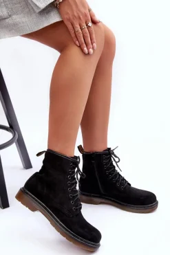 Zamszowe Botki Workery Na Płaskim Obcasie Czarne Asteoris