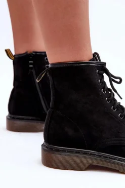 Zamszowe Botki Workery Na Płaskim Obcasie Czarne Asteoris