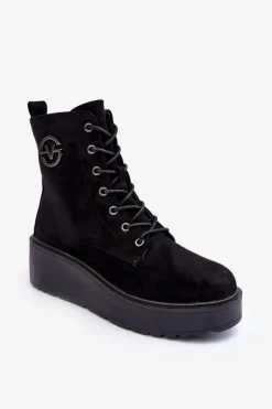 Zamszowe Botki Workery Na Masywnej Platformie Koturnie Czarne Lavica