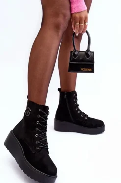 Zamszowe Botki Workery Na Masywnej Platformie Koturnie Czarne Lavica