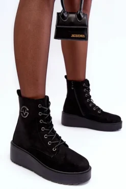 Zamszowe Botki Workery Na Masywnej Platformie Koturnie Czarne Lavica