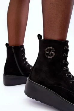 Zamszowe Botki Workery Na Masywnej Platformie Koturnie Czarne Lavica