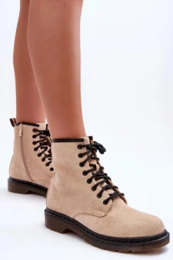 Zamszowe Botki Workery Na Płaskim Obcasie Beżowe Asteoris