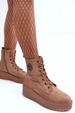 Zamszowe Botki Workery Na Masywnej Platformie Koturnie Beżowe Lavica