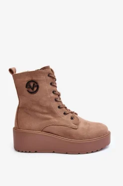 Zamszowe Botki Workery Na Masywnej Platformie Koturnie Beżowe Lavica