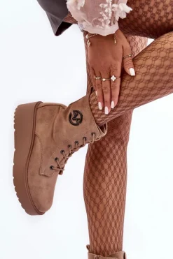 Zamszowe Botki Workery Na Masywnej Platformie Koturnie Beżowe Lavica