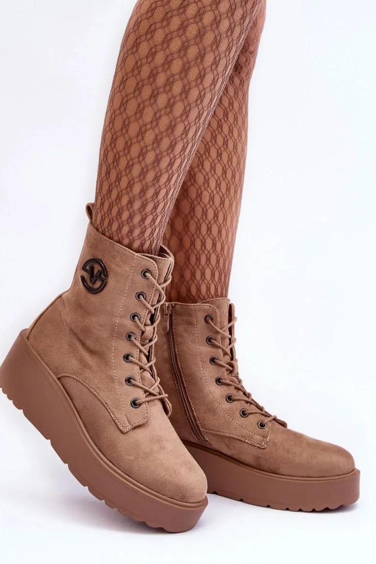Zamszowe Botki Workery Na Masywnej Platformie Koturnie Beżowe Lavica