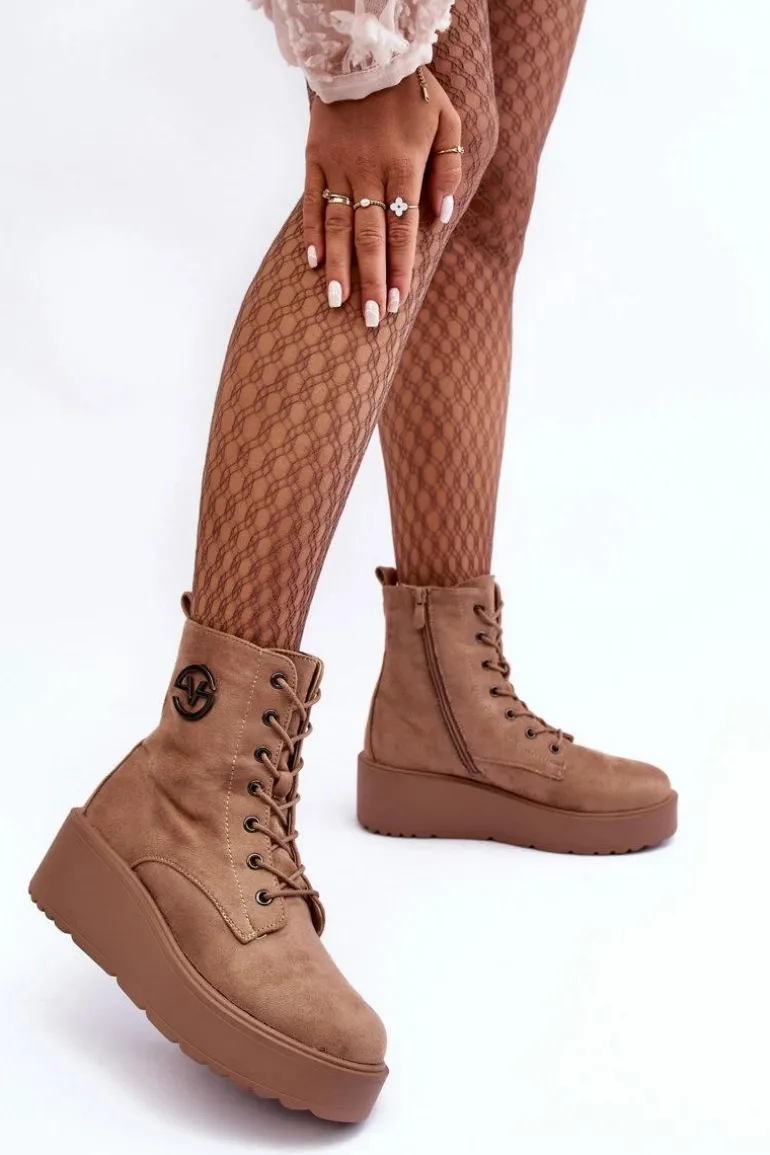 Zamszowe Botki Workery Na Masywnej Platformie Koturnie Beżowe Lavica