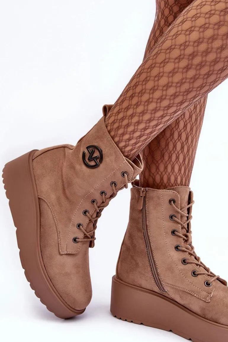 Zamszowe Botki Workery Na Masywnej Platformie Koturnie Beżowe Lavica