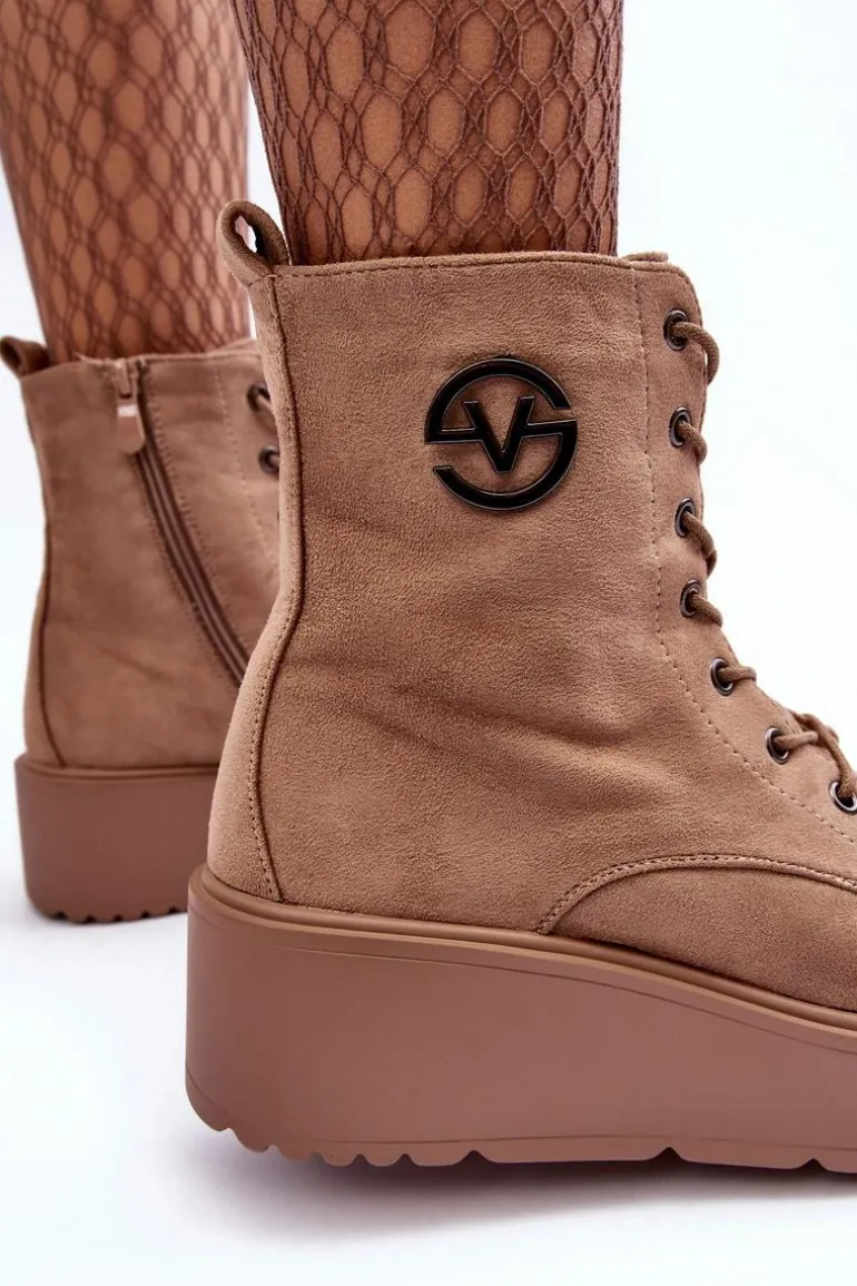 Zamszowe Botki Workery Na Masywnej Platformie Koturnie Beżowe Lavica