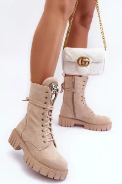 Zamszowe Botki Workery Z Biżuteryjną Ozdobą Beżowe Marx