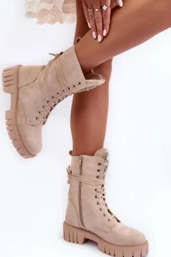 Zamszowe Botki Workery Z Biżuteryjną Ozdobą Beżowe Marx