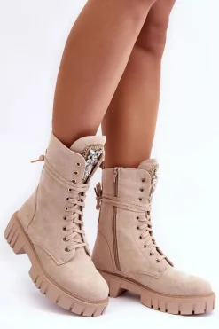 Zamszowe Botki Workery Z Biżuteryjną Ozdobą Beżowe Marx