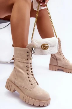 Zamszowe Botki Workery Z Biżuteryjną Ozdobą Beżowe Marx