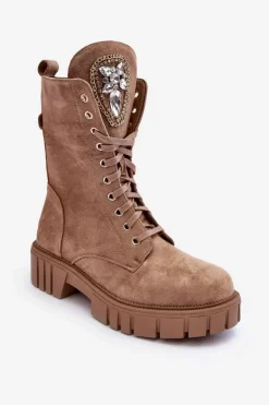 Zamszowe Botki Workery Z Biżuteryjną Ozdobą Ciemnobeżowe Marx
