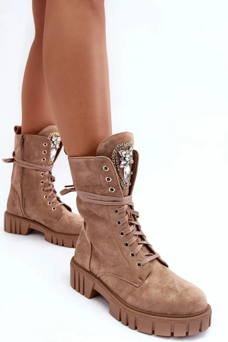 Zamszowe Botki Workery Z Biżuteryjną Ozdobą Ciemnobeżowe Marx
