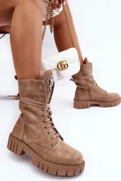 Zamszowe Botki Workery Z Biżuteryjną Ozdobą Ciemnobeżowe Marx