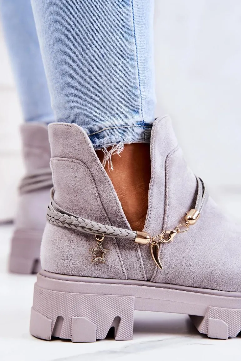 Zamszowe Botki Workery Z Paskami Szare Moriah