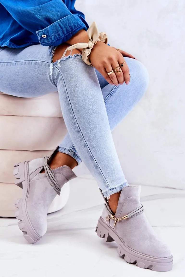 Zamszowe Botki Workery Z Paskami Szare Moriah