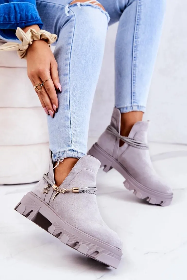 Zamszowe Botki Workery Z Paskami Szare Moriah