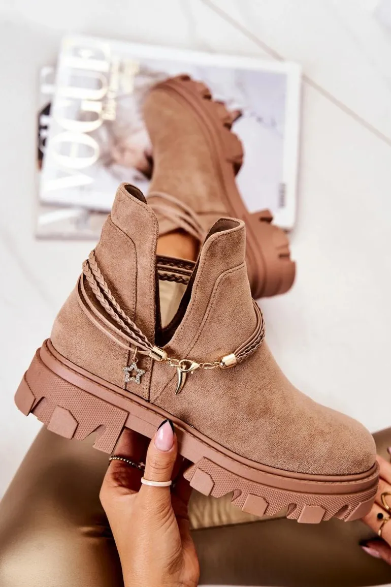 Zamszowe Botki Workery Z Paskami Beżowe Moriah