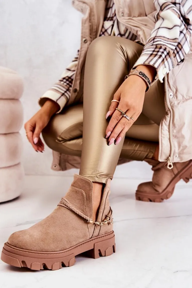 Zamszowe Botki Workery Z Paskami Beżowe Moriah