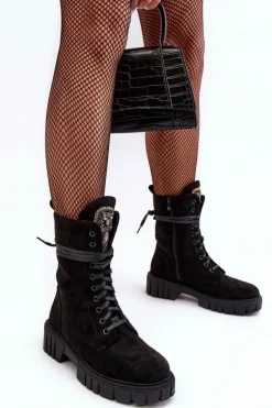 Zamszowe Botki Workery Z Biżuteryjną Ozdobą Czarne Marx