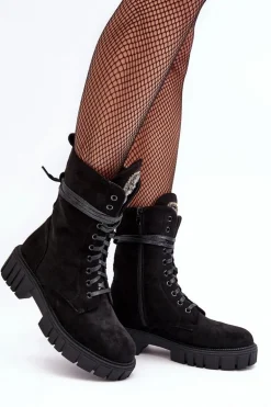 Zamszowe Botki Workery Z Biżuteryjną Ozdobą Czarne Marx