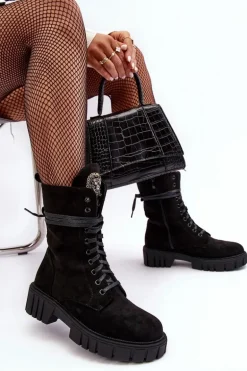 Zamszowe Botki Workery Z Biżuteryjną Ozdobą Czarne Marx